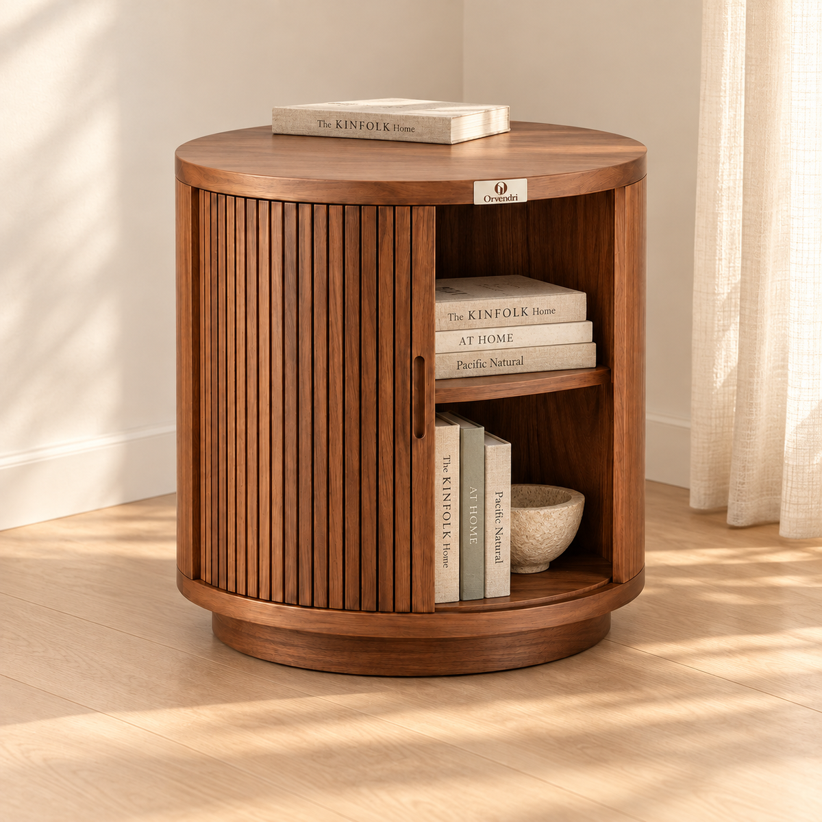 Orvendri Soft Living Round Storage Side Table with Tambour Door