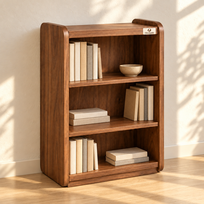 Orvendri Soft Living Rounded Three-Tier Bookcase in Walnut Finish